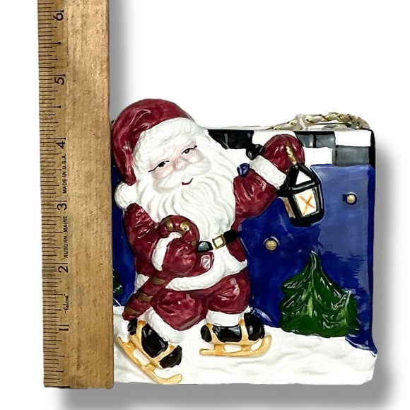 Vintage Ceramic Gift Bag Decorative Skating Santa Blue Christmas Holiday Theme - Picture 11 of 16